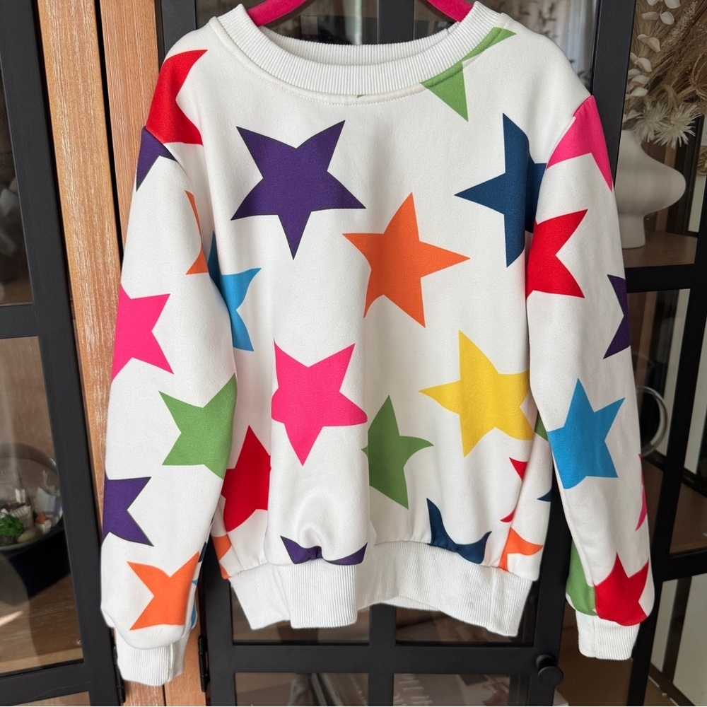 Lola + The Boys rainbow stars crewneck sweatshirt pullover rib fleece sweater